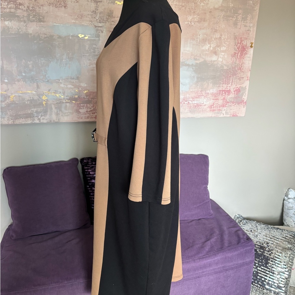 Beige and Black Sheath Dress with Decorative Buckle - Picture 9 of 12